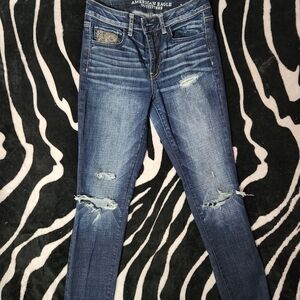 American Eagle Outfitters Women's Dark Blue Ripped Skinny Jeans